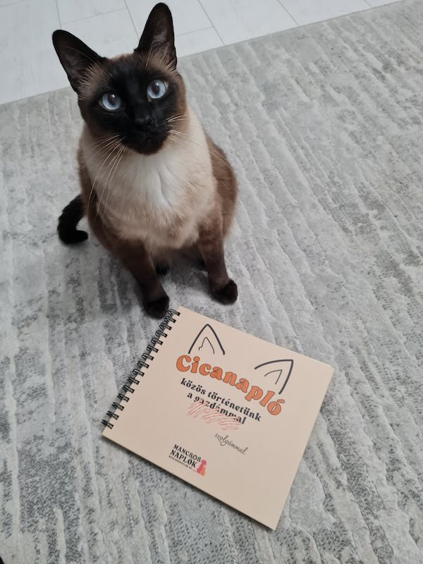 Cicanapló a Mancsos Naplók sorozat részeként, mellette egy sziámi cica ül és néz a gazdijára.