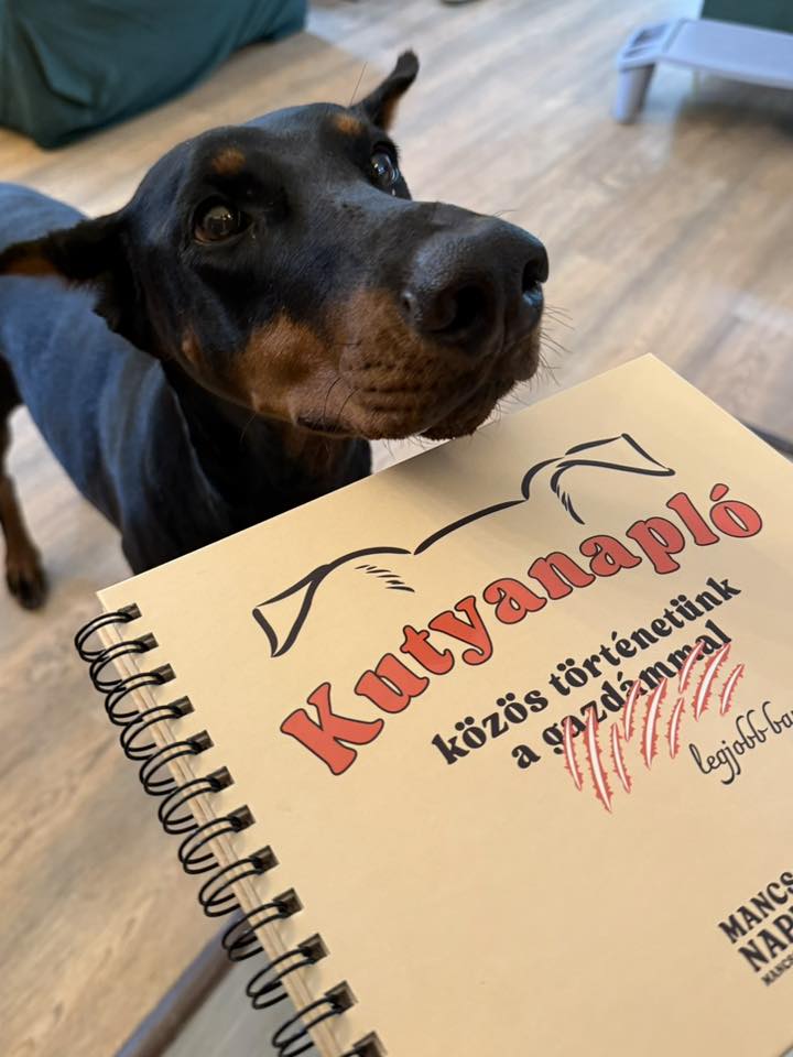 Kutyanapló a Mancsos Naplók sorozat részeként, mögötte egy dobermann kutya ül és figyel.
